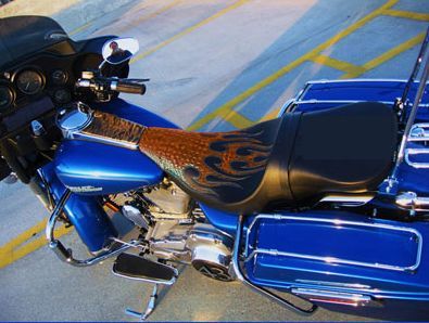 Electra Glide Orange Gator Flames Seat http://www.sideroadcycles.com/AmericanMotorcycles/Seats/Motorcycle_Seats.html