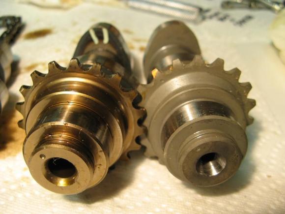 Here is a side-by side of the OEM cam (left) and the new SE-254E cam - note difference in cam lobes. Reassemble in reverse order, be sure to use asm'bly lube on cams and bearings, replace necessary gaskets and o-rings, and be sure to torque fasteners to proper values.