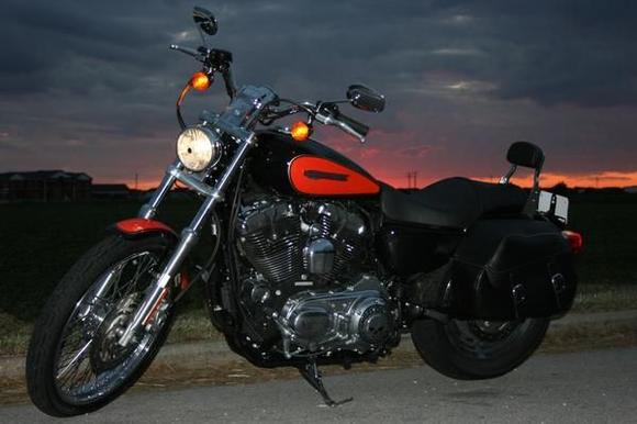 Dusk. Showing the saddle bags and small backrest I installed myself. The turn signal relocation was the hardest parts of that, but it was worth it. Took me about 4 hours total.