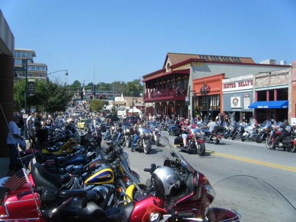 Bikes, Blues, and BBQ held in Fayetteville Arkansas at the end of September every year. Bikers from around the country gather here on Dixon Street for four day.