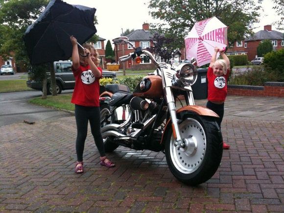Simon was worried about rain, so ran out and bought Harley Davidson's "Thing 1 &amp; Thing2" very expensive, but cute!