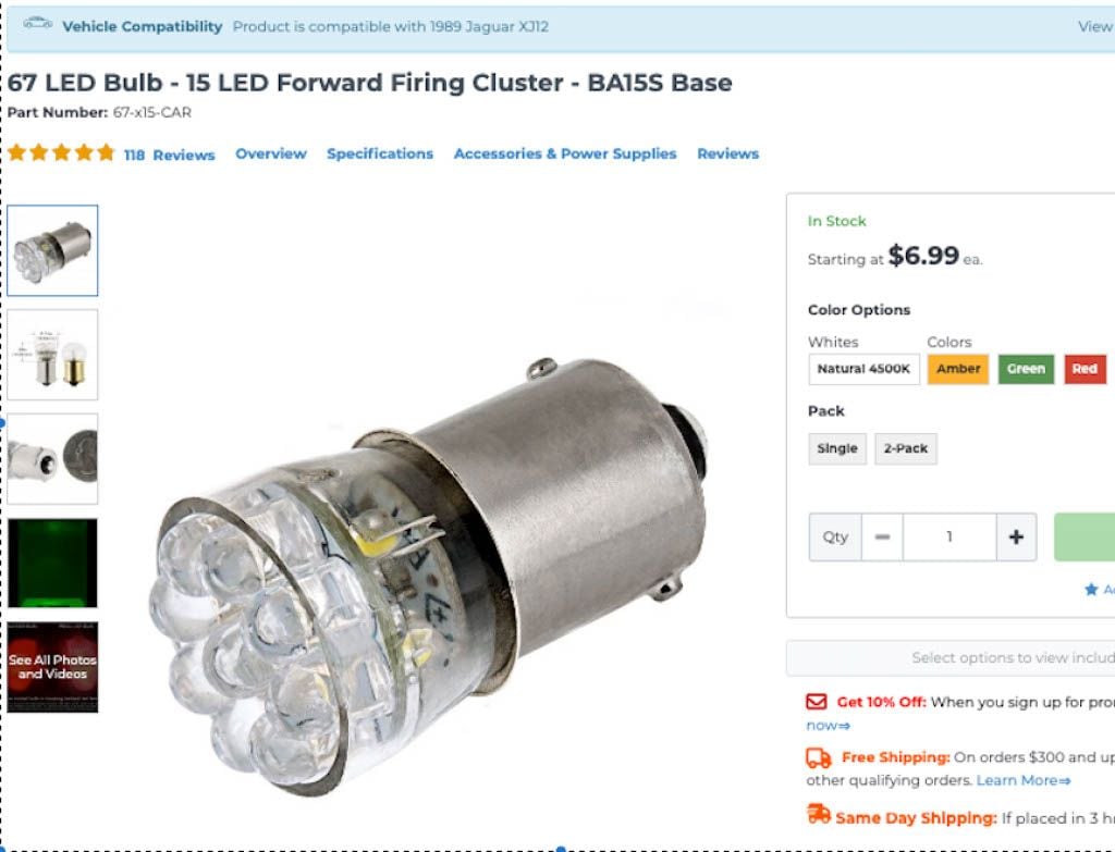 67 LED Bulb - 15 LED Forward Firing Cluster - BA15S Base