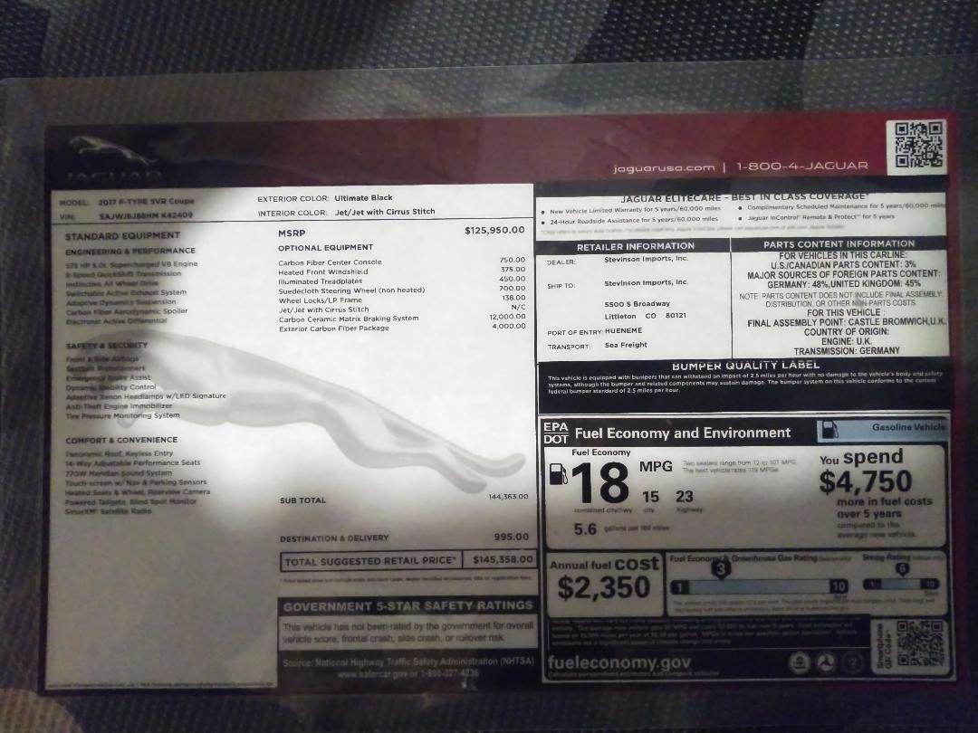 2017 Jaguar F-Type - F-Type SVR 2017 - Used - VIN SAJWJ6J88HMK42409 - 7,620 Miles - 8 cyl - AWD - Automatic - Coupe - Black - Highlands Ranch, CO 80126, United States