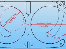 Underside of arm action showing hinge profile that limits swing arc giving min -to- max clamp range of 45mm -to- 74mm cup OD.