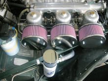 Closeup of the XKE air cleaners and crankcase breather