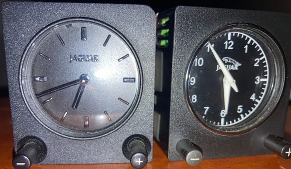 Early clock on the left. 
Later clock on the right. 
I know the 98’s had the early clock. I’m not sure when the later clocks were installed. My wife’s 00’ XJ8 has the later clock. So either the later clocks were in the 99’ MY or 00’ was the first year. 