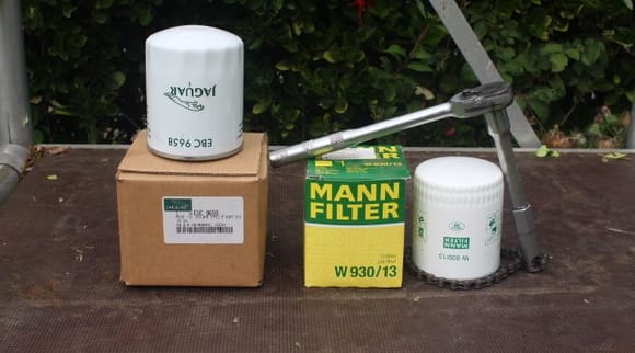 On the left a Jaguar OEM Oil Filter EBC 9658
On the Right a Mann Filter W 930/13
Both are the same size 93mm X 120mm and both fit exactly the same.
You can also see my Oil Filter Chain Wrench which will undo most if not all Car Oil Filters