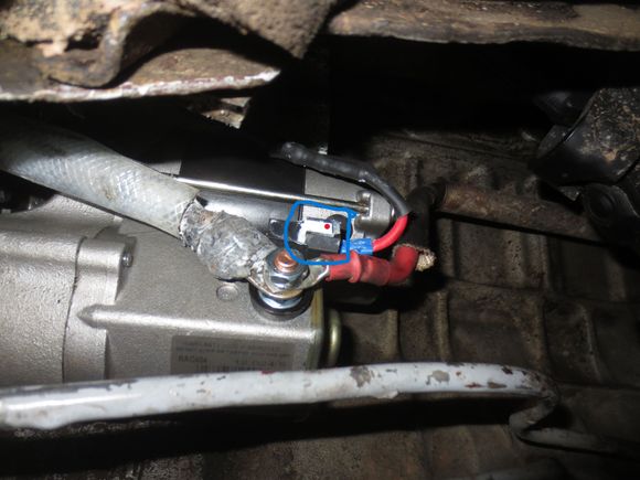 Blue ring shows the connector area gunked up. Under this gunk there is a small self-tapper where the red dot is placed, which locks the Lucar connectors together, thus avoiding the push-on connector shaking loose.
