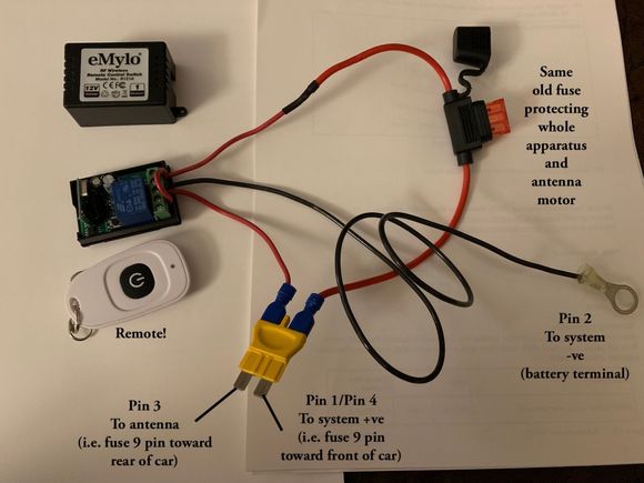 System overview, note yellow dohicky goes into the fuse box with the Pin 1/4 towards the front of the car.  Connections generally crimped.