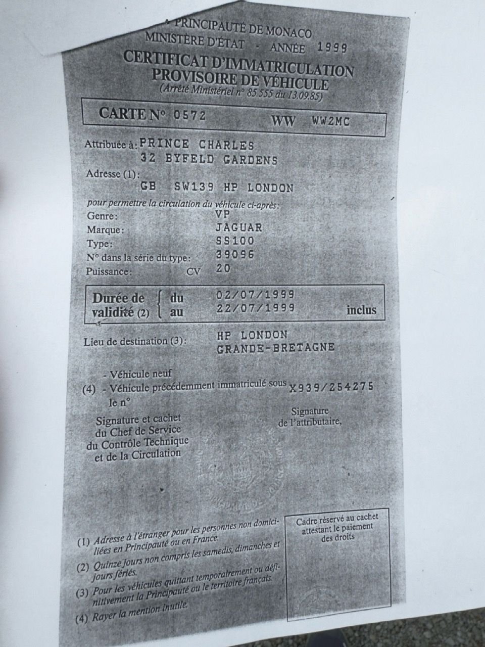 Temporary registration for Prince Charles
