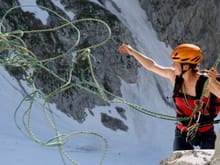 Mary setting up the fourth rappel on the Mount Moran - Grand Teton National Park 2000