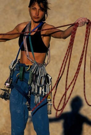Julie adding her special touch to coiling the rope after a day of climbing - Joshua Tree National Park 1998