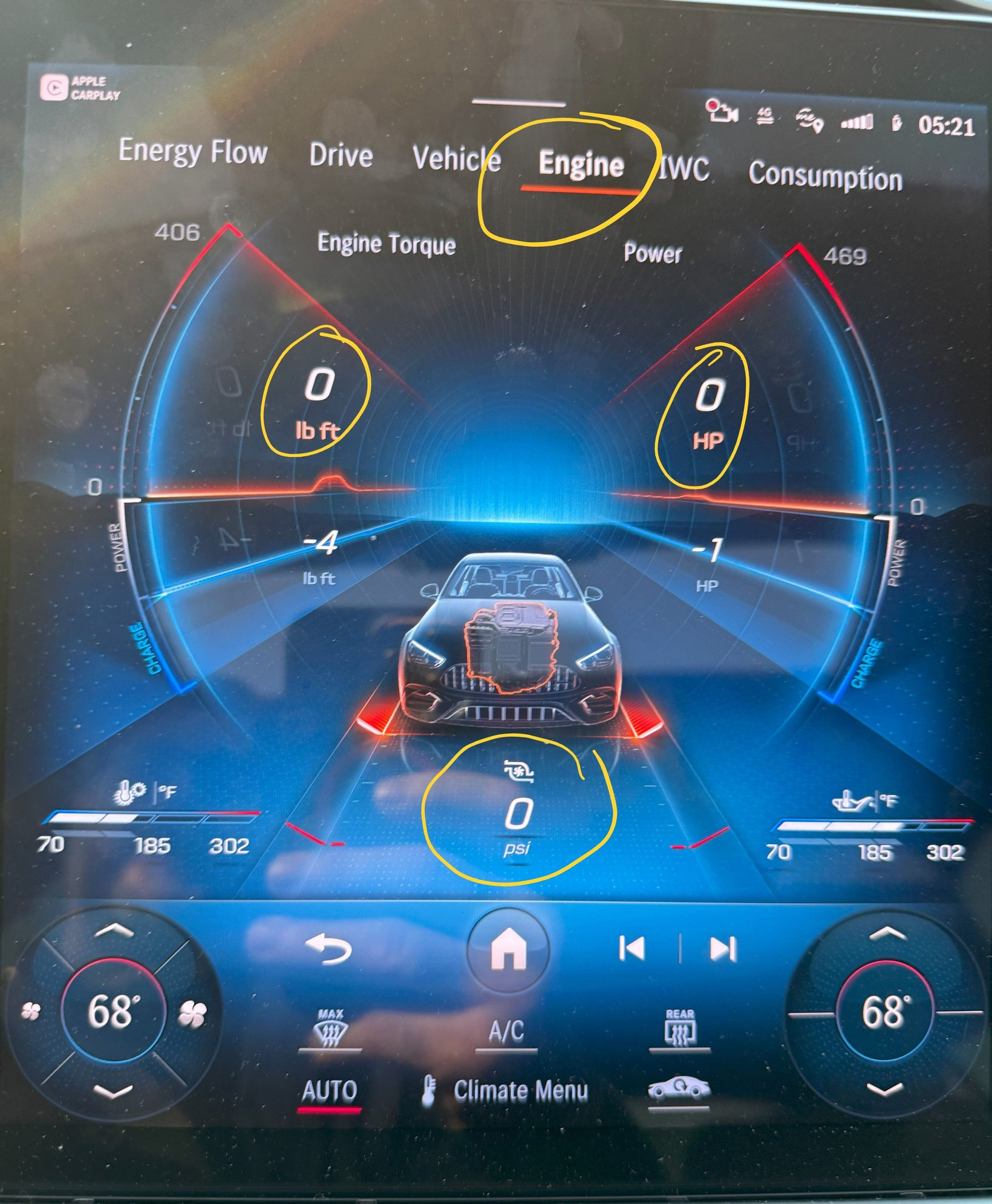 Tap on Engine at the top and you will see real time feedback from the cars performance.
