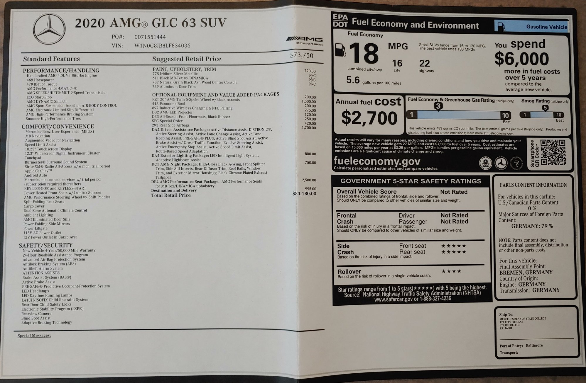 2020 Mercedes-Benz GLC63 AMG - 2020 Mercedes Benz GLC63 AMG in Harrisburg, PA - Used - VIN W1N0G8JB8LF834036 - 2,369 Miles - 8 cyl - AWD - Automatic - SUV - Silver - Harrisburg, PA 17112, United States