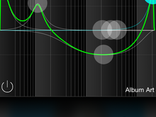 L to R: Bass-------Mids---------Highs. 
 Blue dot is active control. Touch another dot to control it instead, Green line shows the acoustic curve you're generating.