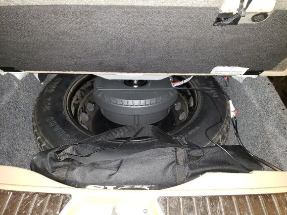 Cerwin-Vega spare tire subwoofer.  Had to modify it a bit to get it to fit.  Jack and tools are in a tripod bag.