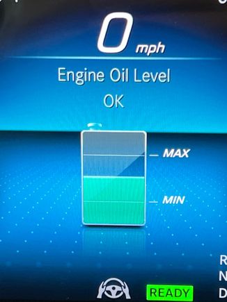 Took mine in for yellow coolant light couple of months ago. They says it was low on coolant from factory. They added a little more coolant hasn’t come on since. 
Now oil level display is in the middle. The last 7 months it was on Max. Guess this guy gets a little thirsty over time. 
With it had a dip stick. 
