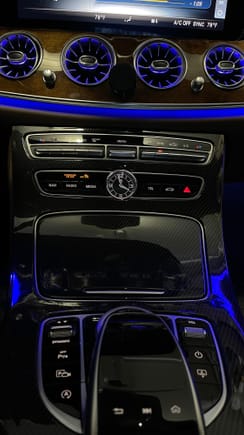 Carbon fiber type center console overlay. LED  front turbine air vents 