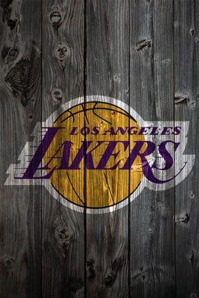 Lakers logo on black and white hardwood