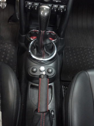 JCW Shifter knob, new leather shifter boot and ebrake handle with red stitching