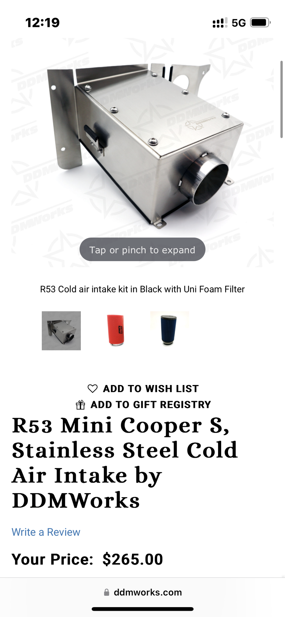 Engine - Intake/Fuel - R53 Mini Cooper S Cold Air Intake DDMWorks - Used - 2002 to 2008 Mini R53: "Mk I" Mini Cooper S - Southampton, NY 11968, United States
