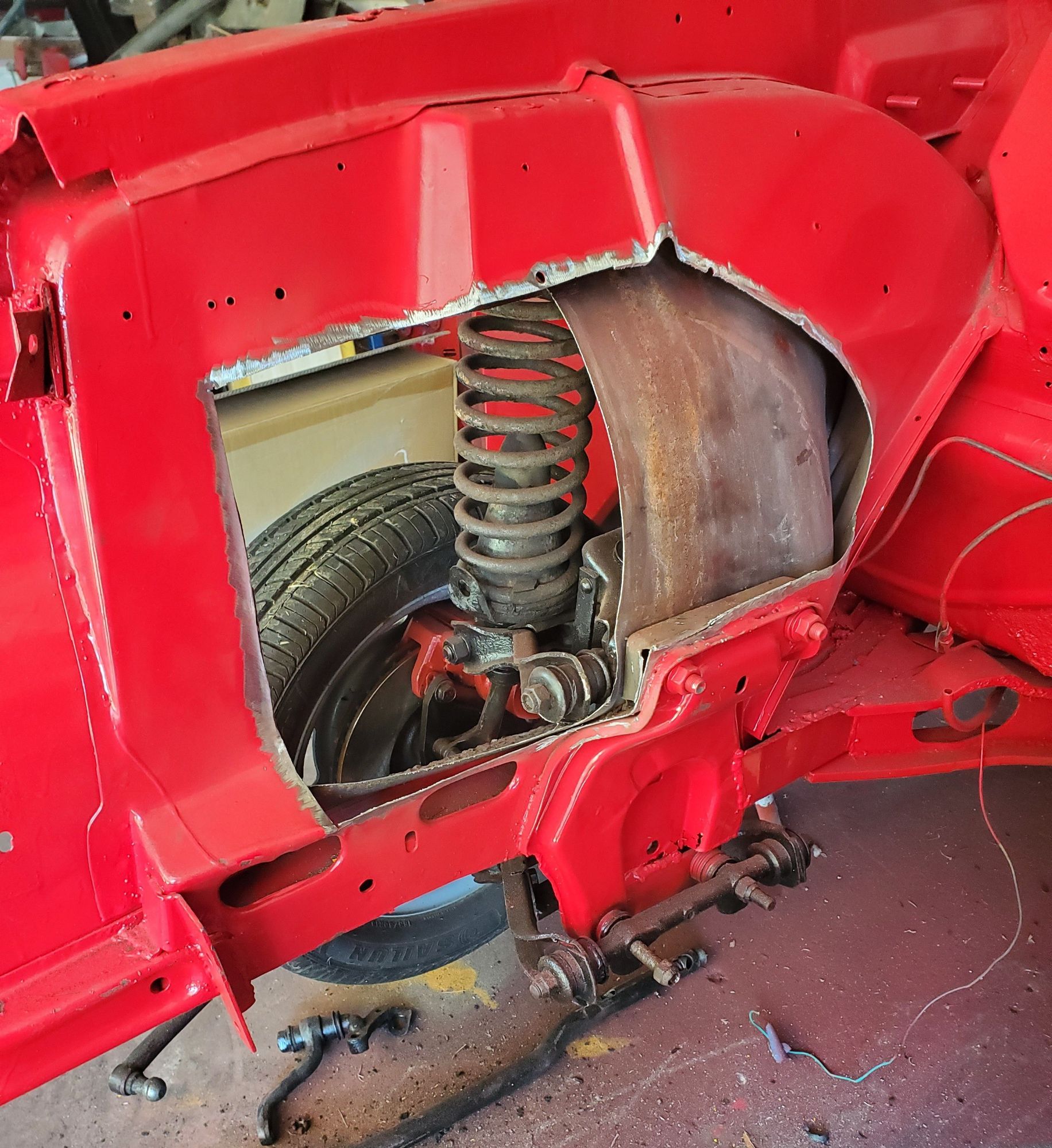 This is how much I actually cut out. You can see how the inner panel comes in the engine bay more. Where the AC sits Ill just have a single wall panel. 