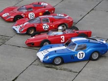 Left to right: Ferrari 312P, 330 P4 (412P), 156 Sharknose, 250 GTO