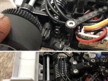 Last couple times on basement track, the F1 didn’t sound or feel right.  Found pieces stuck in pinion. None of the other were having this. Figured out this morning that it’s tiny pieces of the tire. You can see the tire in second picture. Trimmed the loose pieces. See how it is tonight 