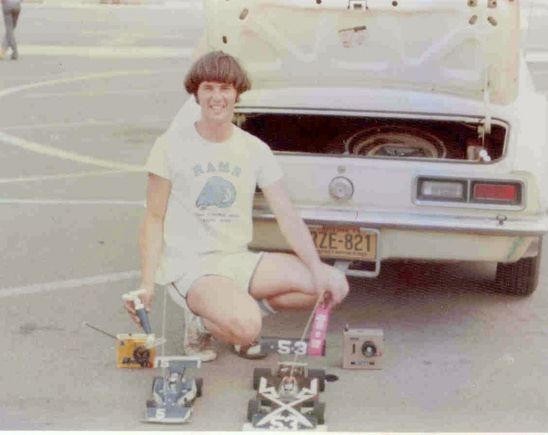 My brother with his 1/12 Jerobee gas car and his RC100 formula bodied 1/8 car