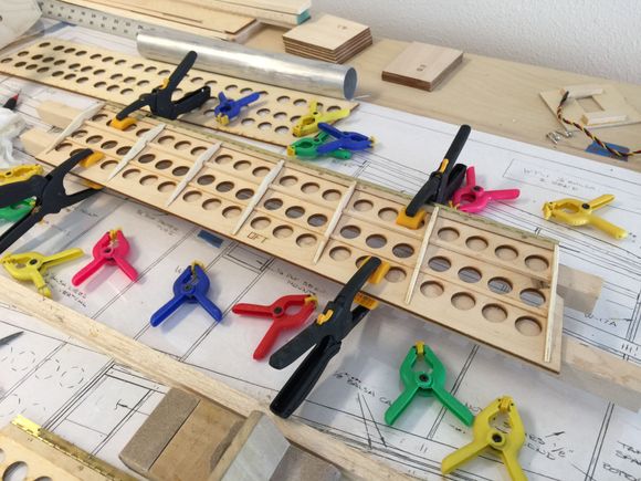 Getting the flaps and brakes prep'd for the wings.  Used the same approach that was used for the center flap.  The Nelson hinge was scuffed and epoxied with a layer of 1/32" ply on top.
