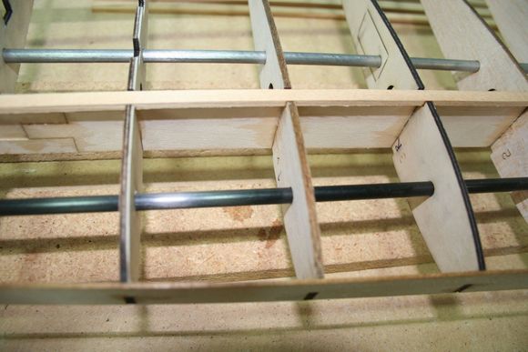 Close-up of carbon fiber rods and spruce spars