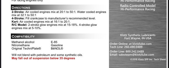 Klotz Super Techniplate, Synthetic/Castor blend 
5% > 10%   (Methanol fueled four strokes)