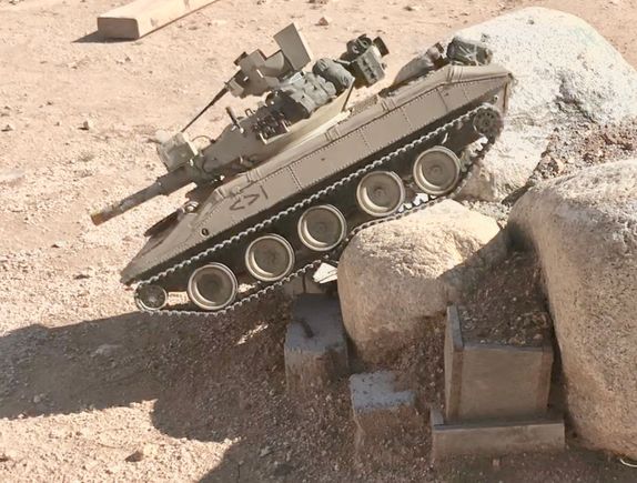 Tamiya M551 Sheridan on "rock climb" obstacle.