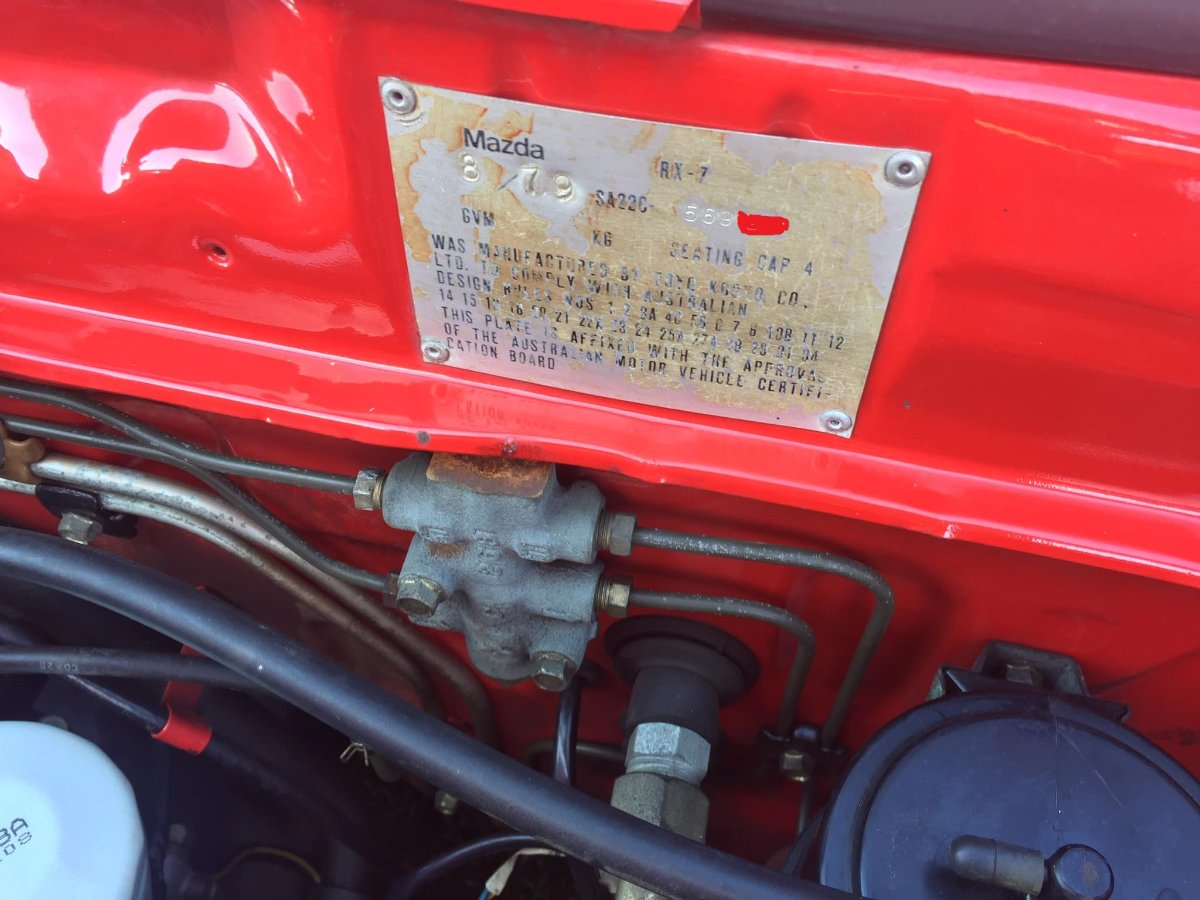 Compliance plate build date of 8/79 for a Series 2 or FB Mazda RX7