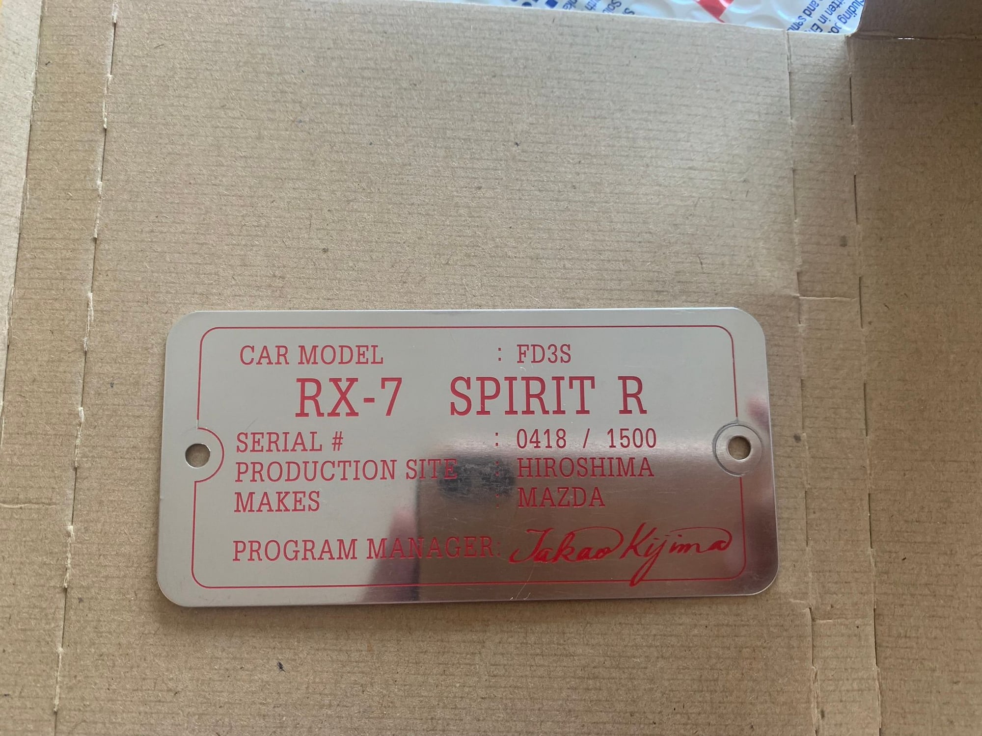 Exterior Body Parts - Genuine Spirit R numbered tag + rivets/Spirit R tire door jamb sticker - Used - 1993 to 2002 Mazda RX-7 - Honolulu, HI 96825, United States