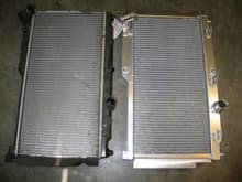 Stock radiator on left, AWR - Ron Davis Racing Radiator on right. All aluminum 1.125&quot; Core Thickness