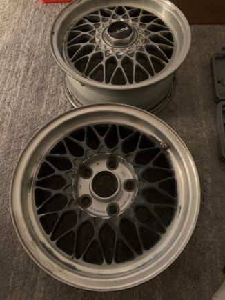 Started cleaning off the horrid paint. Wheels have no rash at all.

The stock wheels are solid but the clear needs to be refinished. I plan on having them refinished and the vert wheels will be a good cheap option in the meantime.