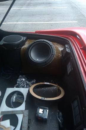 custom fiberglass sub boxes made my self.... two jl audio 10&quot; w3 with a rockford folsgate 1500db amp to push them. time consuming but worth the hard work.... can't wait to finish the second and paint them with wrinkle paint flat black.