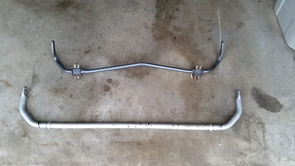 Hello,

One on top is Progress Tech Rear Sway bar and bottom one is Mazdaspeed Front Sway bar. 

Thank you,