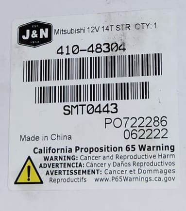 Generic N3R3 box label for the replacement starter.