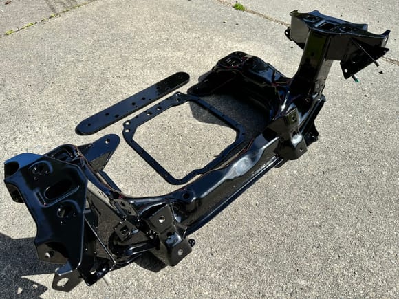 Front subframe modified for REW mounts, oil pan brace and rear engine mount brace...again powder coated.