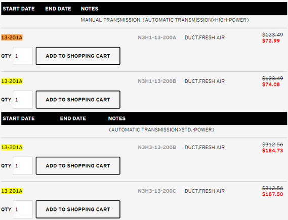 Available part numbers for the image reference number