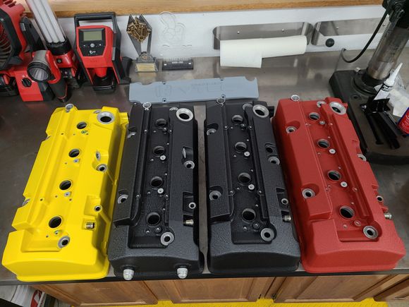 Spoon Yellow, Wrinkle Red, Wrinkle Black.  Notice the gasketed areas were taped off ensuring no leaky gaskets!
