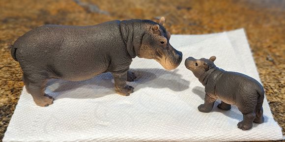 Toy hippos from Jax in Loveland.  I originally bought a toy tractor and trailer along with the baby hippo.  They were too overbearing for the size of the cake.  My daughter-in-law also told me that he already has three tractor toys. That made it easy for me to take back the tractors and get the mama hippo.