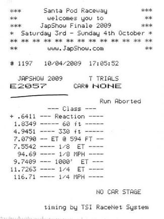 Japshow time slip 11.72 @ 116mph on stock VF37 turbo