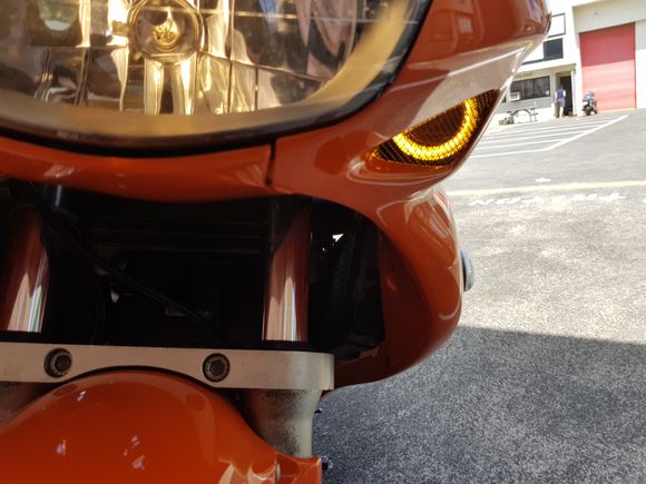 Posted this mod on Ozfirestorm. 
Put led halo/spots into the fairing vents with black mesh covers, The halo is on all the time and centre spot is connected to the indicators