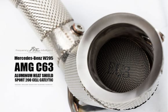 Fi Exhaust for Mercedes-Benz W205 AMG C63 Catlytic Sport 200 Cell DownPipe.
(ALUMINUM HEAT SHIELD)