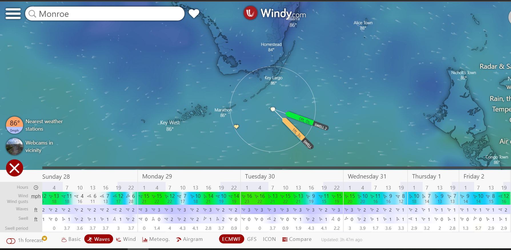Windfinder predicting almost 50 mph winds next week in the keys The