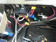 Mark 8 fan relays low side on stat control kicks in 180 off at 170, the high speed side is manual switch in side the car