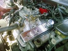 motor finished, holley 650 electric choke, aluminum high rise intake, carb spacer, msd distributor/wires, 480 lift roller cam, new radiator, water pump, electric fan